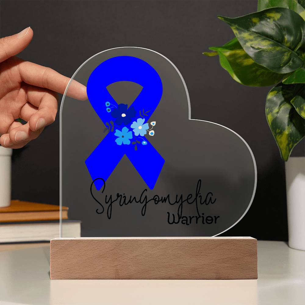 Syringomyelia Warrior Acrylic Heart Plaque Sign | LED Base | Acrylic Night Light | Light Up Sign | Blue Awareness Ribbon
