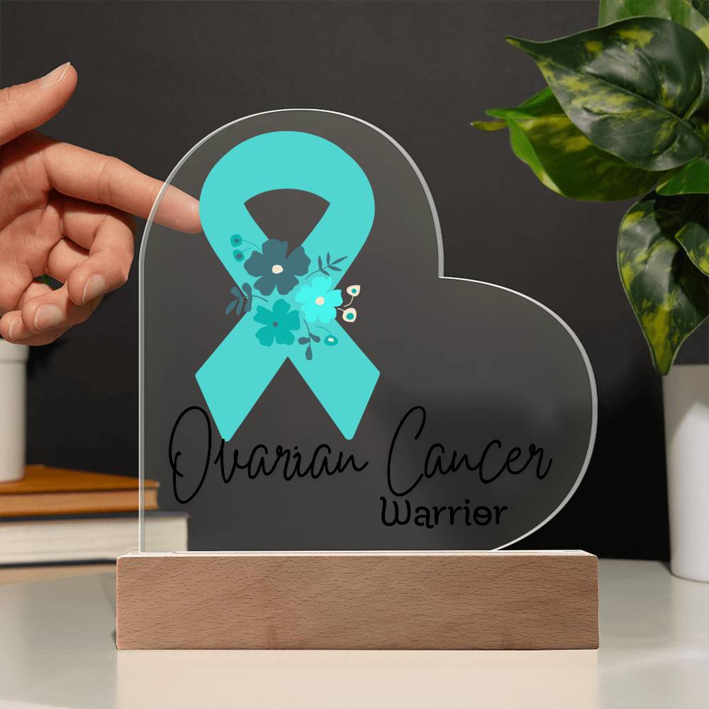 Ovarian Cancer Warrior Acrylic Heart Plaque Sign | LED Base | Acrylic Night Light | Light Up Sign | Teal Awareness Ribbon