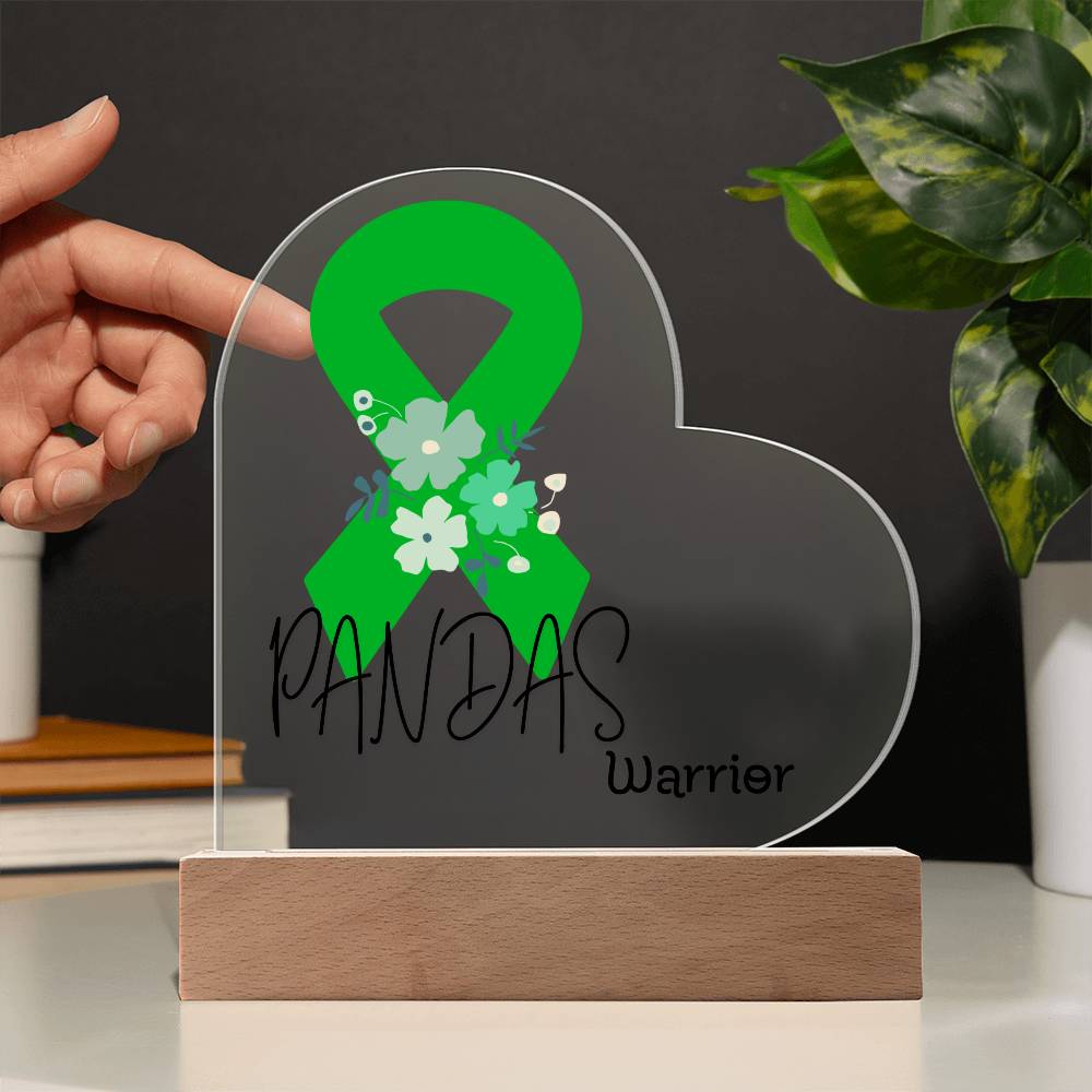 PANDAS Warrior Acrylic Heart Plaque Sign | LED Base | Acrylic Night Light | Light Up Sign | Green Awareness Ribbon