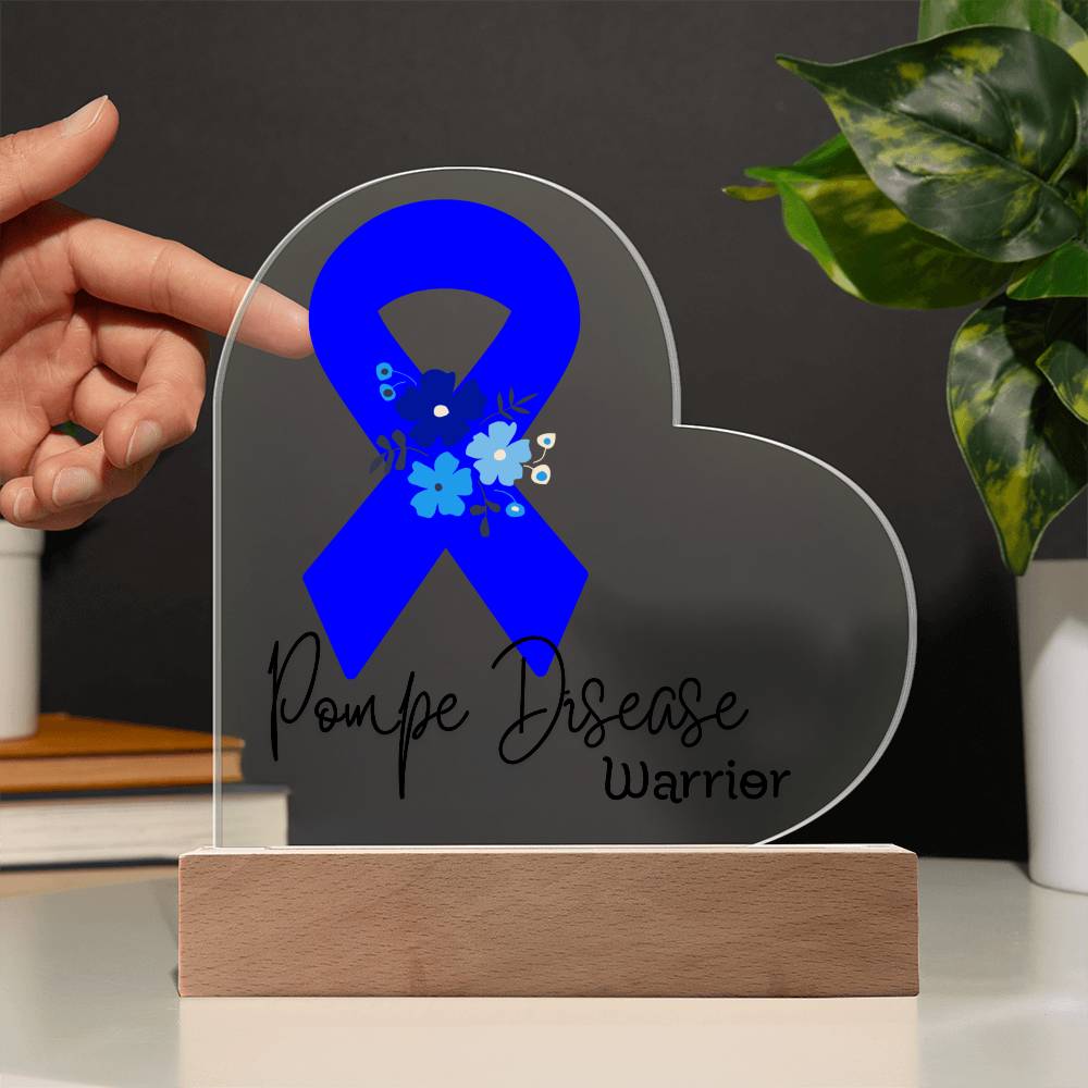 Pompe Disease Warrior Acrylic Heart Plaque Sign | LED Base | Acrylic Night Light | Light Up Sign | Blue Awareness Ribbon