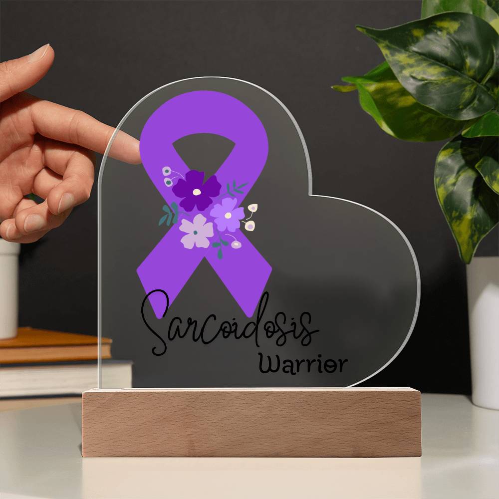 Sarcoidosis Warrior Acrylic Heart Plaque Sign | LED Base | Acrylic Night Light | Light Up Sign | Purple Awareness Ribbon