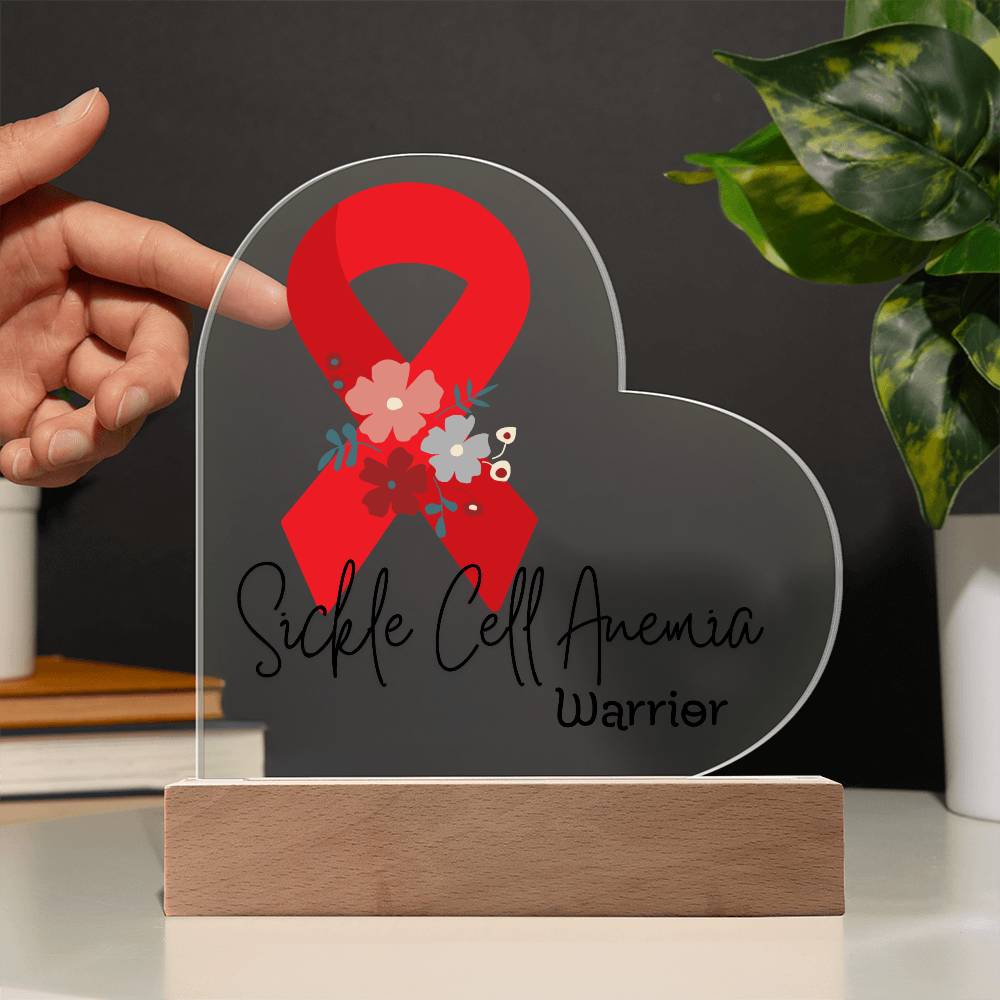 Sickle Cell Anemia Warrior Acrylic Heart Plaque Sign | LED Base | Acrylic Night Light | Light Up Sign | Red Awareness Ribbon