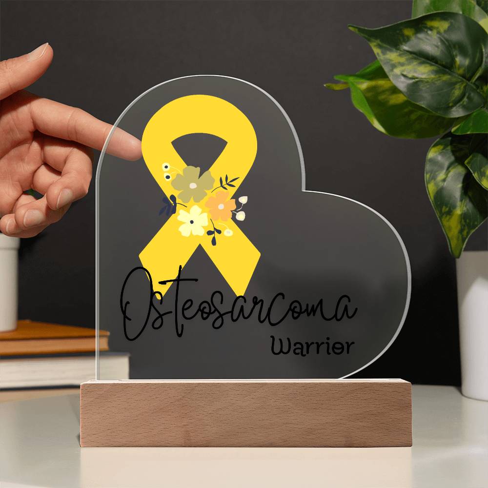 Osteosarcoma Warrior Acrylic Heart Plaque Sign | LED Base | Acrylic Night Light | Light Up Sign | Yellow Awareness Ribbon