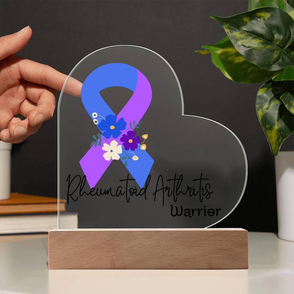 Rheumatoid Arthritis Warrior Acrylic Heart Plaque Sign | LED Base | Acrylic Night Light | Light Up Sign | Blue & Purple Awareness Ribbon