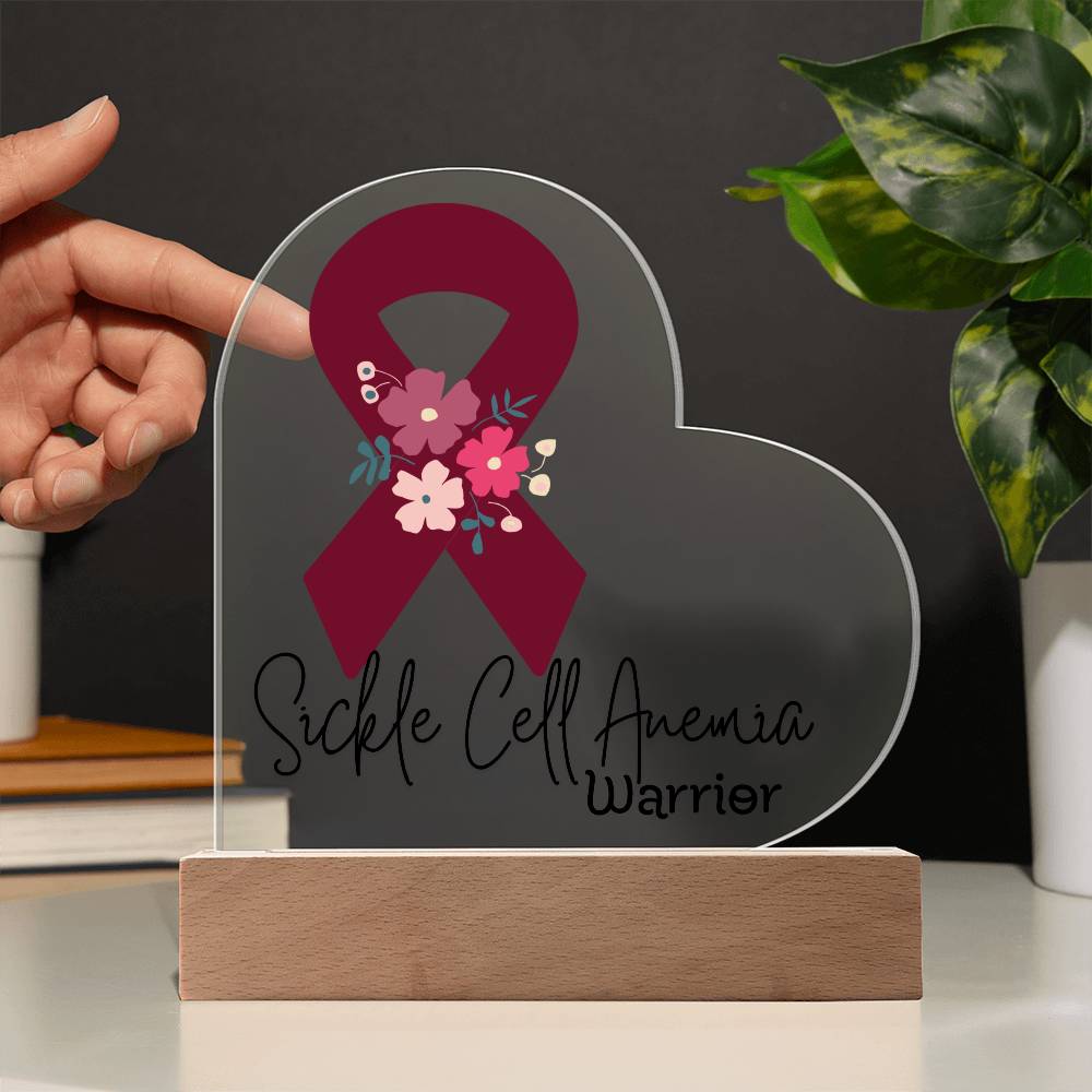 Sickle Cell Anemia Warrior Acrylic Heart Plaque Sign | LED Base | Acrylic Night Light | Light Up Sign | Burgundy Awareness Ribbon