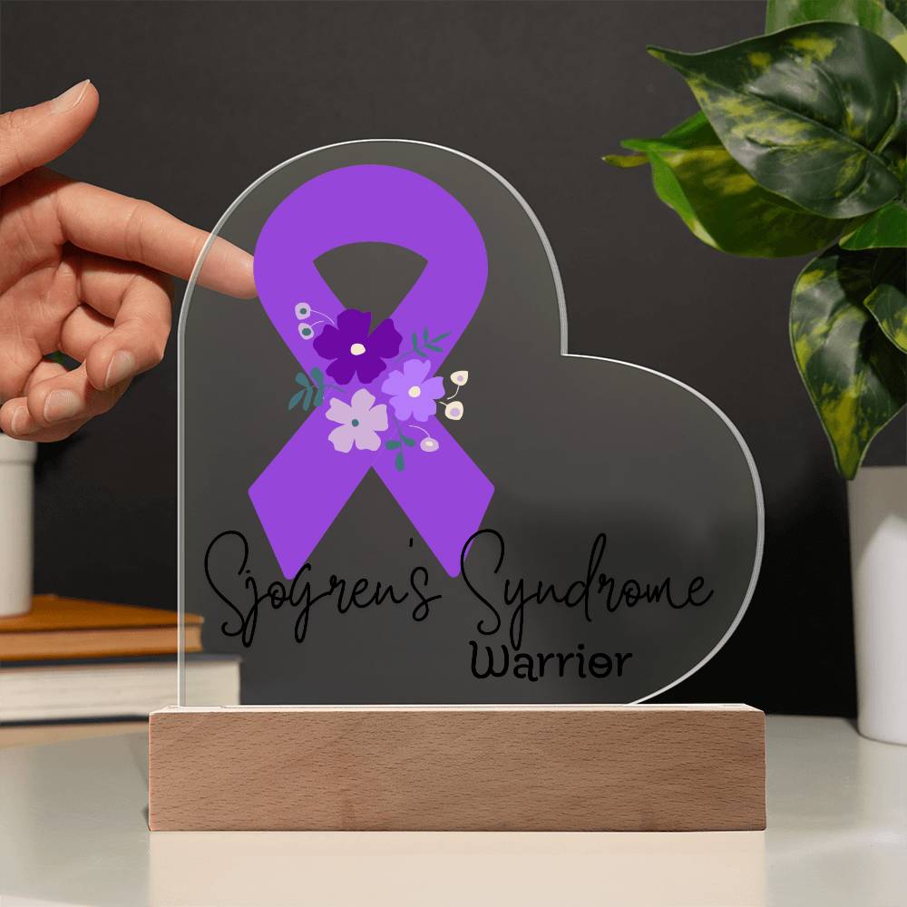 Sjogren's Syndrome Warrior Acrylic Heart Plaque Sign | LED Base | Acrylic Night Light | Light Up Sign | Purple Awareness Ribbon