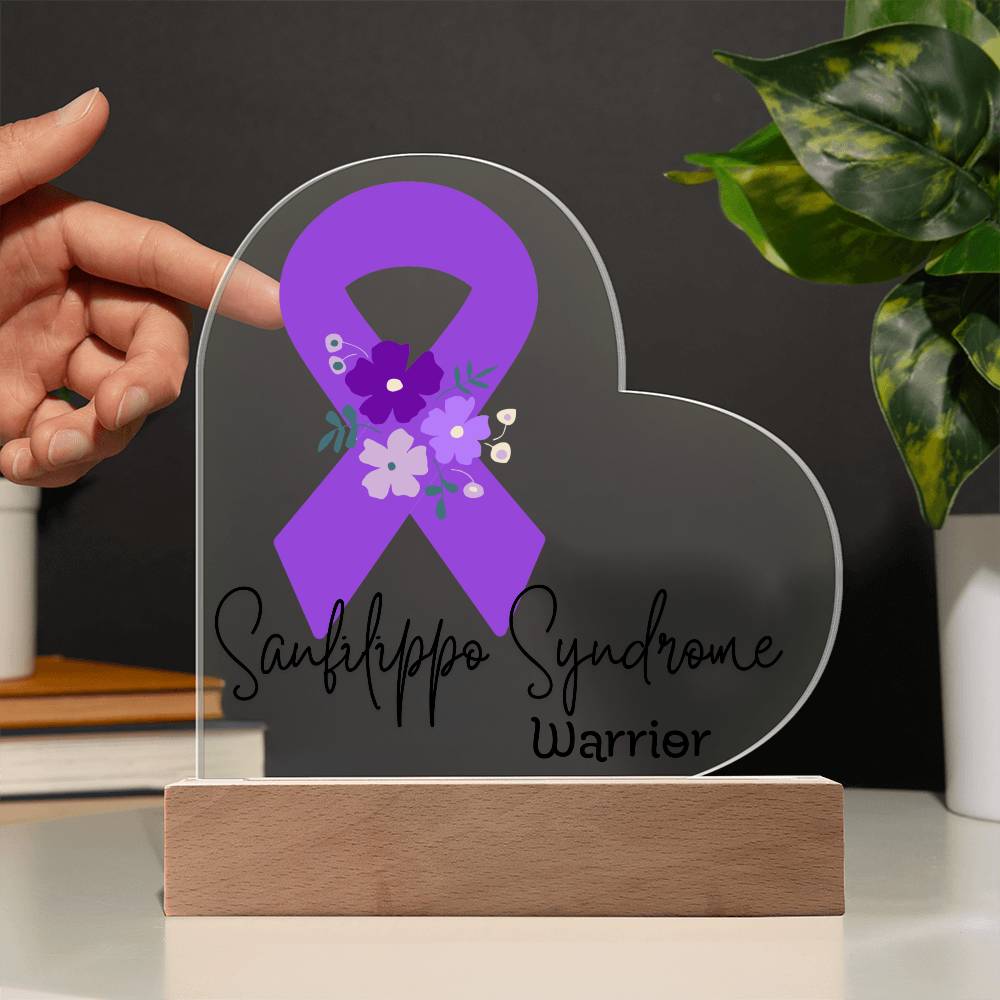 Sanfilippo Syndrome Warrior Acrylic Heart Plaque Sign | LED Base | Acrylic Night Light | Light Up Sign | Purple Awareness Ribbon