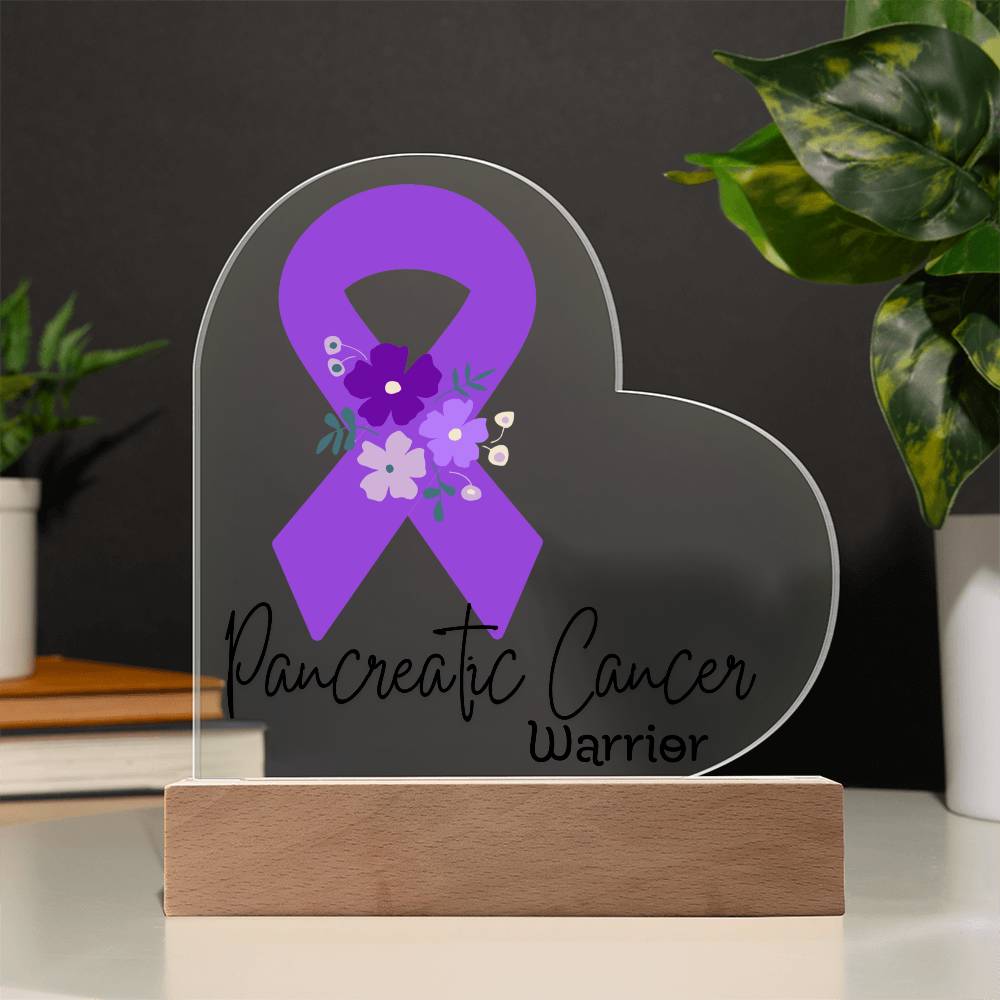 Pancreatic Cancer Warrior Acrylic Heart Plaque Sign | LED Base | Acrylic Night Light | Light Up Sign | Purple Awareness Ribbon