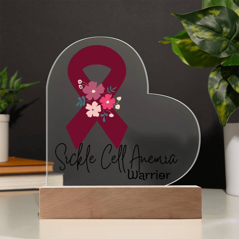 Sickle Cell Anemia Warrior Acrylic Heart Plaque Sign | LED Base | Acrylic Night Light | Light Up Sign | Burgundy Awareness Ribbon