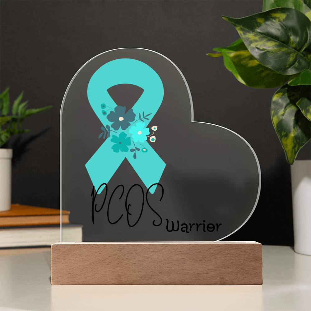 PCOS Warrior Acrylic Heart Plaque Sign | LED Base | Acrylic Night Light | Light Up Sign | Teal Awareness Ribbon