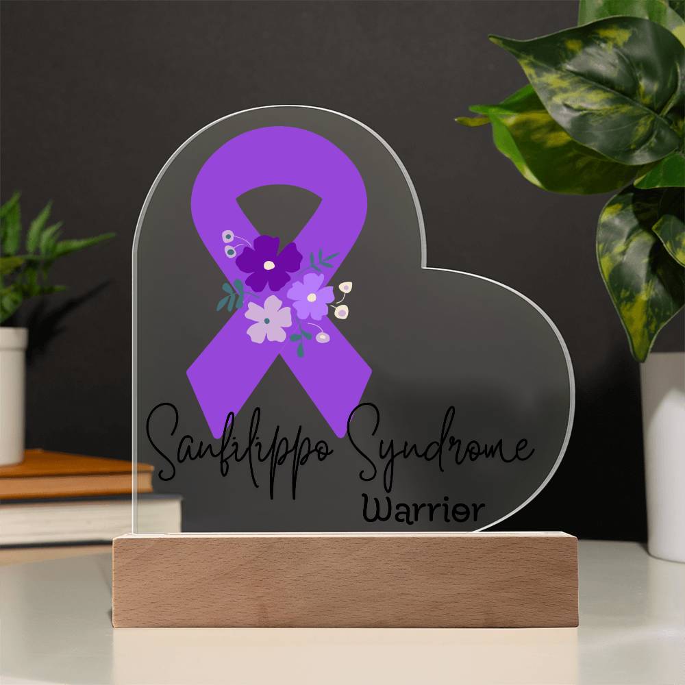 Sanfilippo Syndrome Warrior Acrylic Heart Plaque Sign | LED Base | Acrylic Night Light | Light Up Sign | Purple Awareness Ribbon