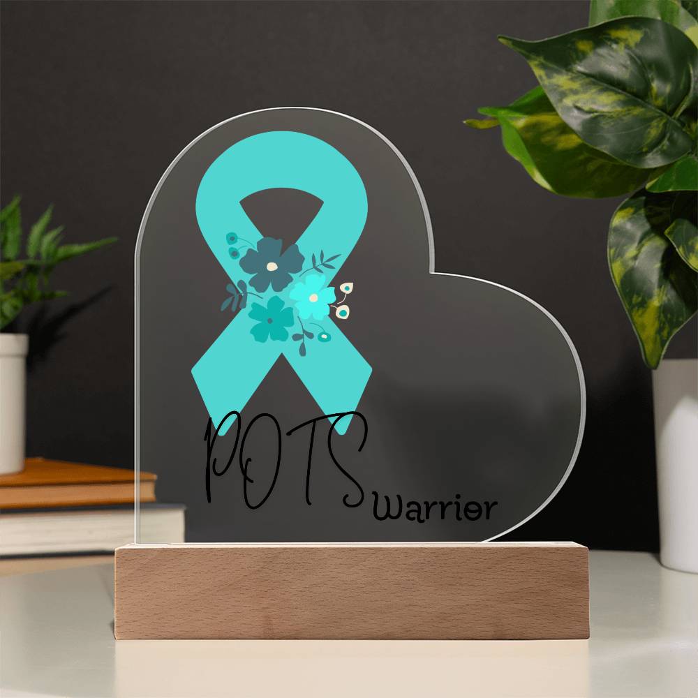 POTS Warrior Acrylic Heart Plaque Sign | LED Base | Acrylic Night Light | Light Up Sign | Teal Awareness Ribbon