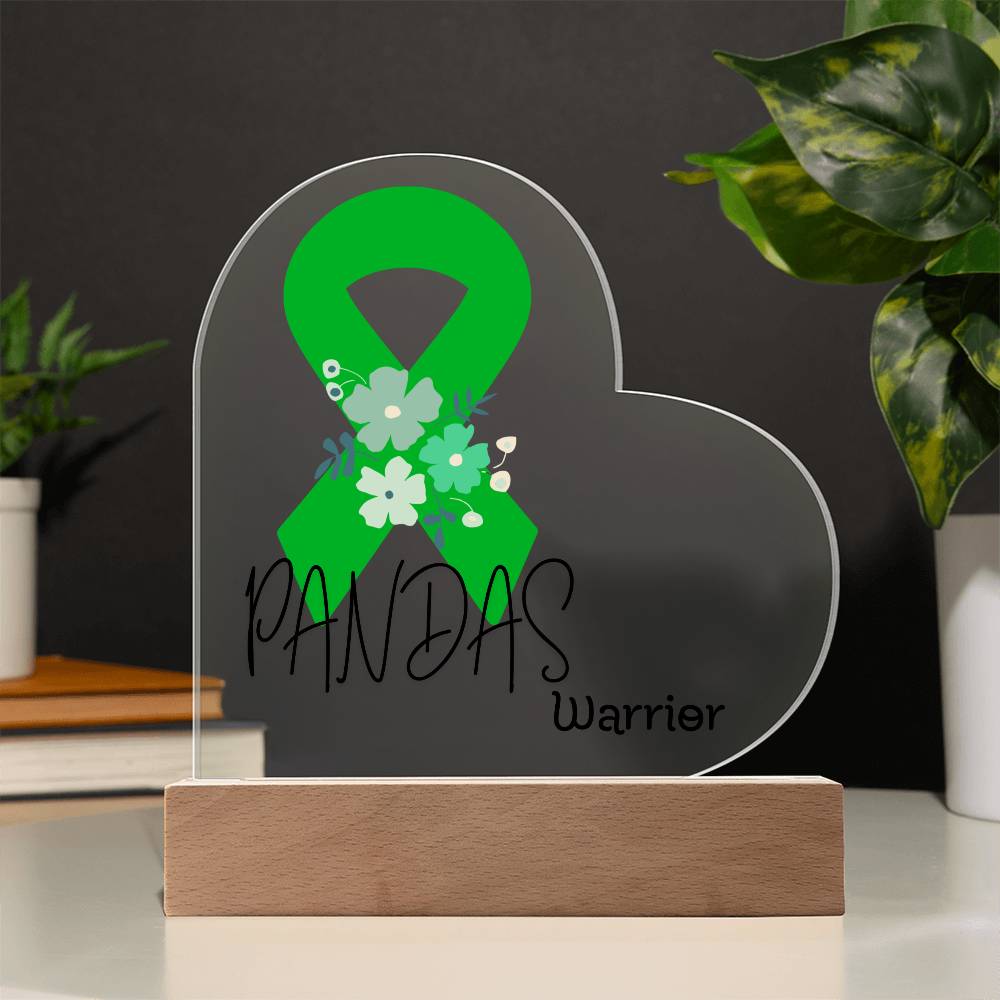 PANDAS Warrior Acrylic Heart Plaque Sign | LED Base | Acrylic Night Light | Light Up Sign | Green Awareness Ribbon