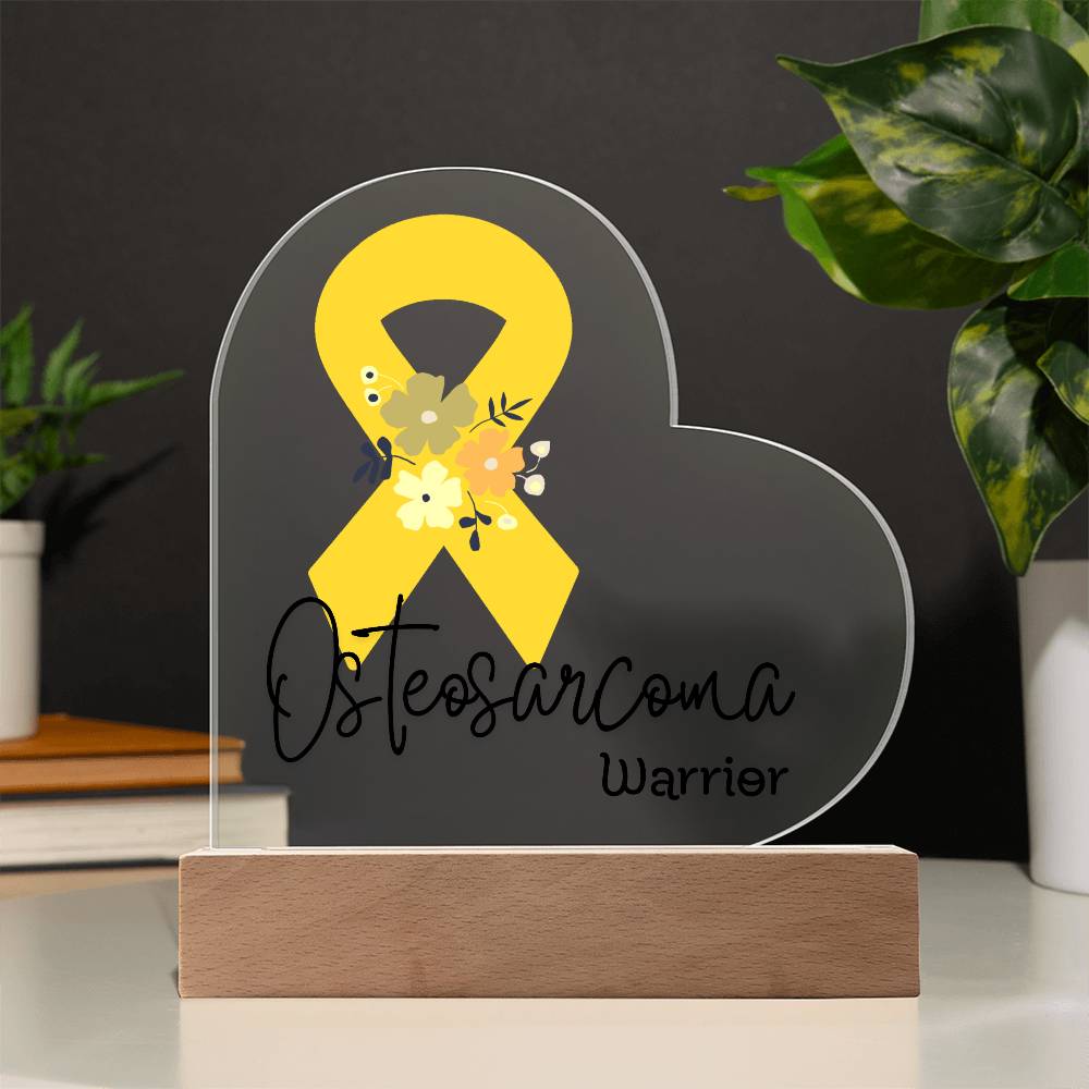 Osteosarcoma Warrior Acrylic Heart Plaque Sign | LED Base | Acrylic Night Light | Light Up Sign | Yellow Awareness Ribbon