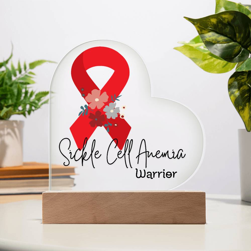 Sickle Cell Anemia Warrior Acrylic Heart Plaque Sign | LED Base | Acrylic Night Light | Light Up Sign | Red Awareness Ribbon
