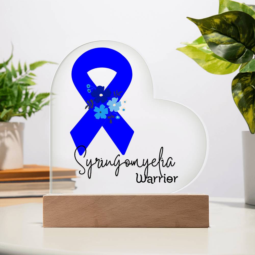 Syringomyelia Warrior Acrylic Heart Plaque Sign | LED Base | Acrylic Night Light | Light Up Sign | Blue Awareness Ribbon