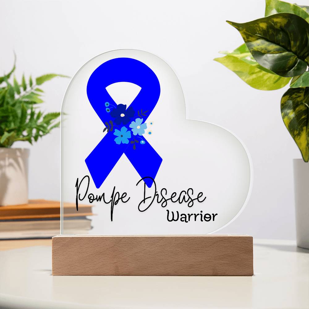 Pompe Disease Warrior Acrylic Heart Plaque Sign | LED Base | Acrylic Night Light | Light Up Sign | Blue Awareness Ribbon