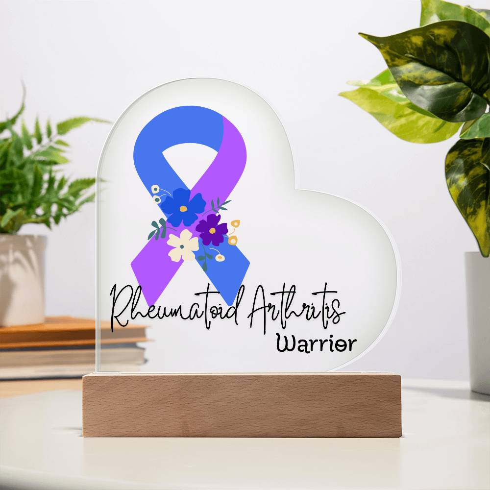 Rheumatoid Arthritis Warrior Acrylic Heart Plaque Sign | LED Base | Acrylic Night Light | Light Up Sign | Blue & Purple Awareness Ribbon
