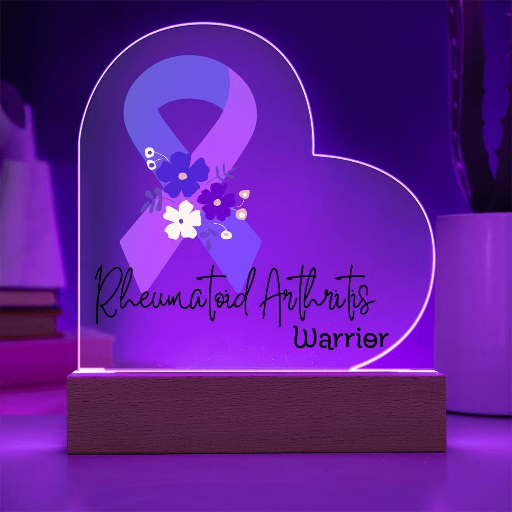 Rheumatoid Arthritis Warrior Acrylic Heart Plaque Sign | LED Base | Acrylic Night Light | Light Up Sign | Blue & Purple Awareness Ribbon