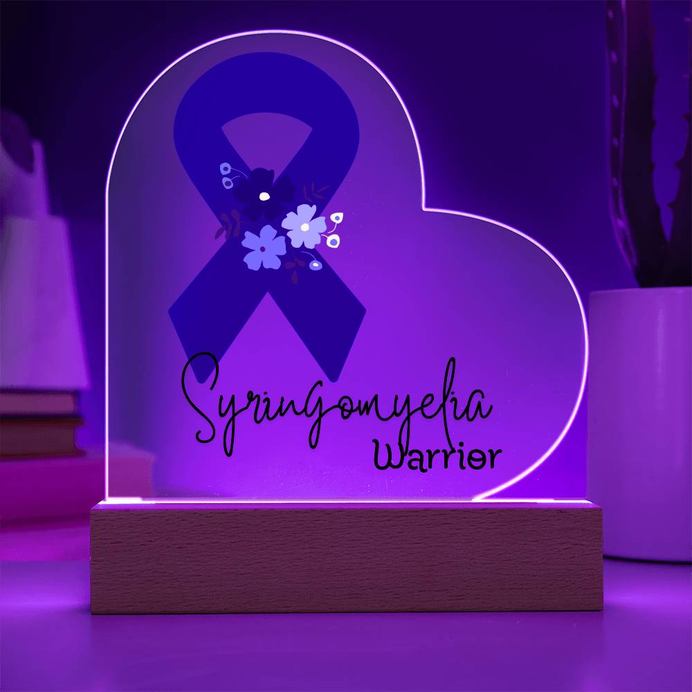Syringomyelia Warrior Acrylic Heart Plaque Sign | LED Base | Acrylic Night Light | Light Up Sign | Blue Awareness Ribbon
