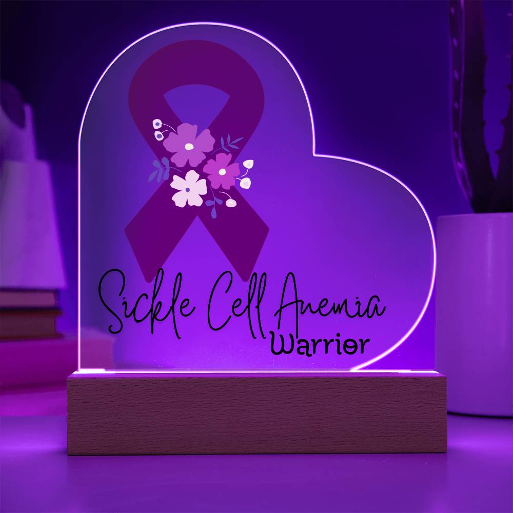 Sickle Cell Anemia Warrior Acrylic Heart Plaque Sign | LED Base | Acrylic Night Light | Light Up Sign | Burgundy Awareness Ribbon