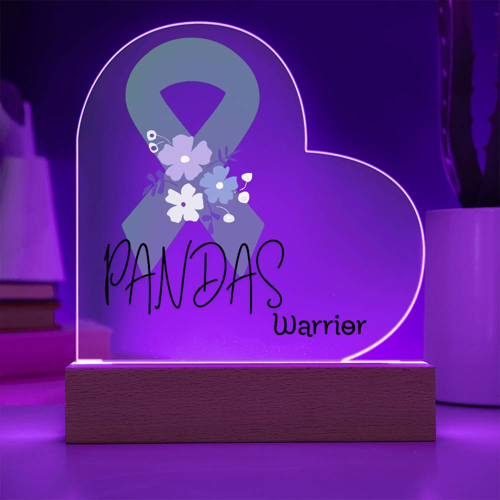 PANDAS Warrior Acrylic Heart Plaque Sign | LED Base | Acrylic Night Light | Light Up Sign | Green Awareness Ribbon