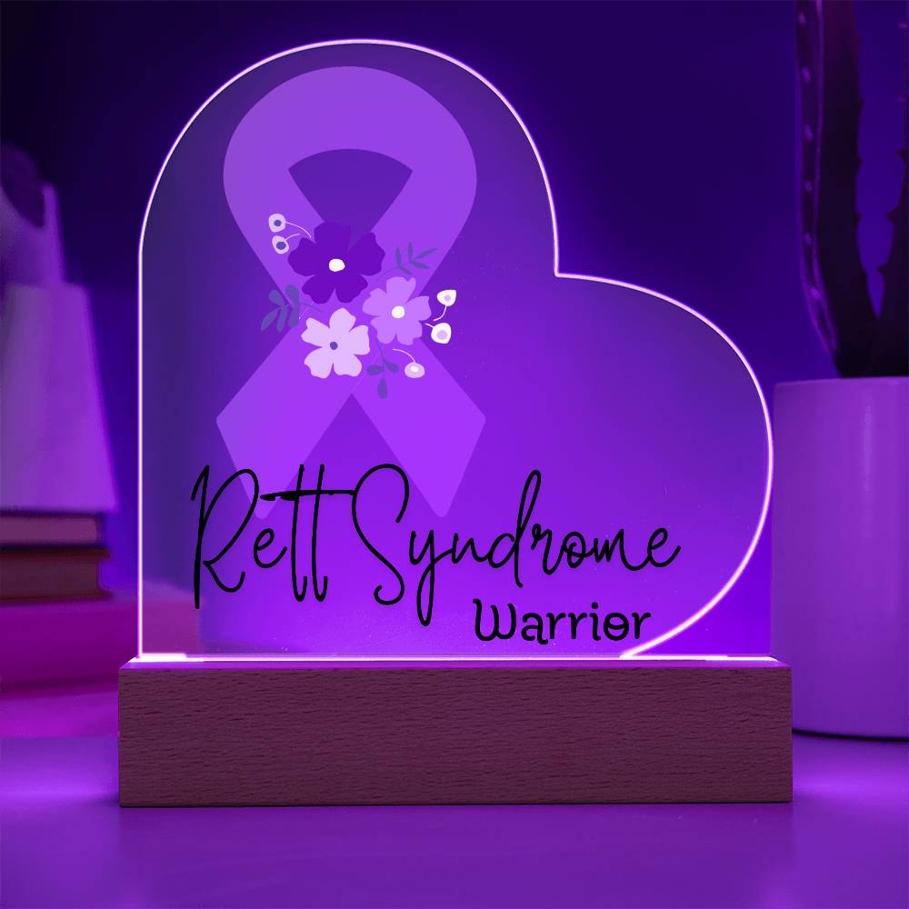 Rett Syndrome Warrior Acrylic Heart Plaque Sign | LED Base | Acrylic Night Light | Light Up Sign | Purple Awareness Ribbon