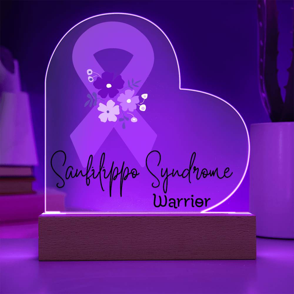 Sanfilippo Syndrome Warrior Acrylic Heart Plaque Sign | LED Base | Acrylic Night Light | Light Up Sign | Purple Awareness Ribbon