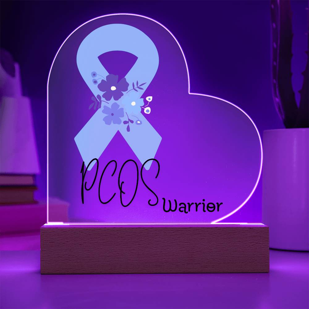 PCOS Warrior Acrylic Heart Plaque Sign | LED Base | Acrylic Night Light | Light Up Sign | Teal Awareness Ribbon