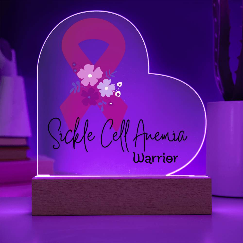 Sickle Cell Anemia Warrior Acrylic Heart Plaque Sign | LED Base | Acrylic Night Light | Light Up Sign | Red Awareness Ribbon