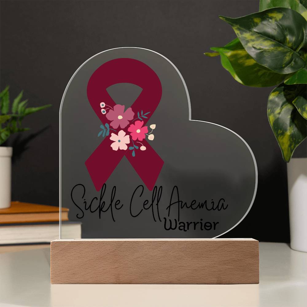 Sickle Cell Anemia Warrior Acrylic Heart Plaque Sign | LED Base | Acrylic Night Light | Light Up Sign | Burgundy Awareness Ribbon