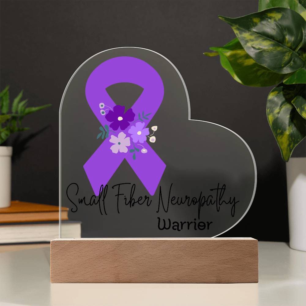 Small Fiber Neuropathy Warrior Acrylic Heart Plaque Sign | LED Base | Acrylic Night Light | Light Up Sign | Purple Awareness Ribbon