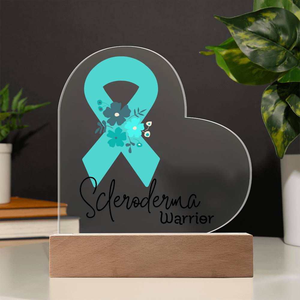 Scleroderma Warrior Acrylic Heart Plaque Sign | LED Base | Acrylic Night Light | Light Up Sign | Teal Awareness Ribbon
