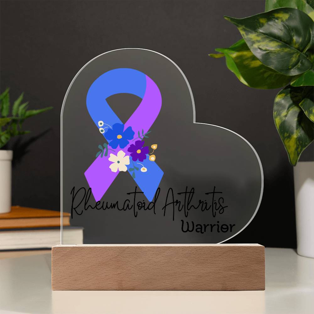 Rheumatoid Arthritis Warrior Acrylic Heart Plaque Sign | LED Base | Acrylic Night Light | Light Up Sign | Blue & Purple Awareness Ribbon