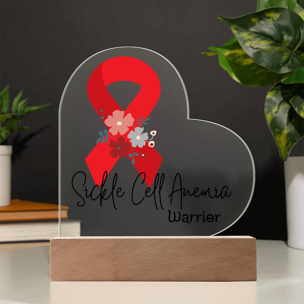 Sickle Cell Anemia Warrior Acrylic Heart Plaque Sign | LED Base | Acrylic Night Light | Light Up Sign | Red Awareness Ribbon