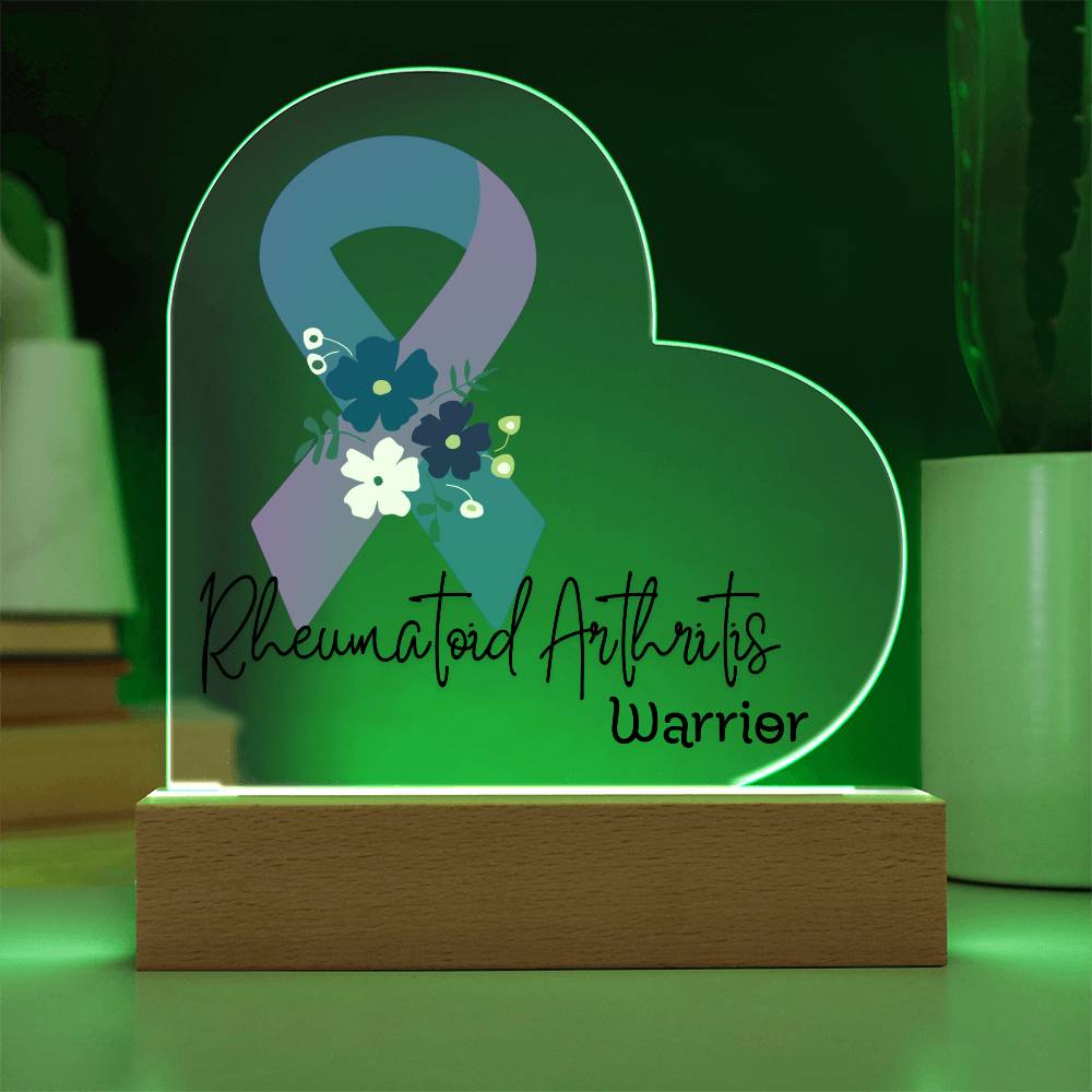 Rheumatoid Arthritis Warrior Acrylic Heart Plaque Sign | LED Base | Acrylic Night Light | Light Up Sign | Blue & Purple Awareness Ribbon