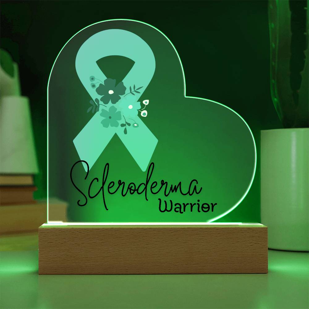 Scleroderma Warrior Acrylic Heart Plaque Sign | LED Base | Acrylic Night Light | Light Up Sign | Teal Awareness Ribbon