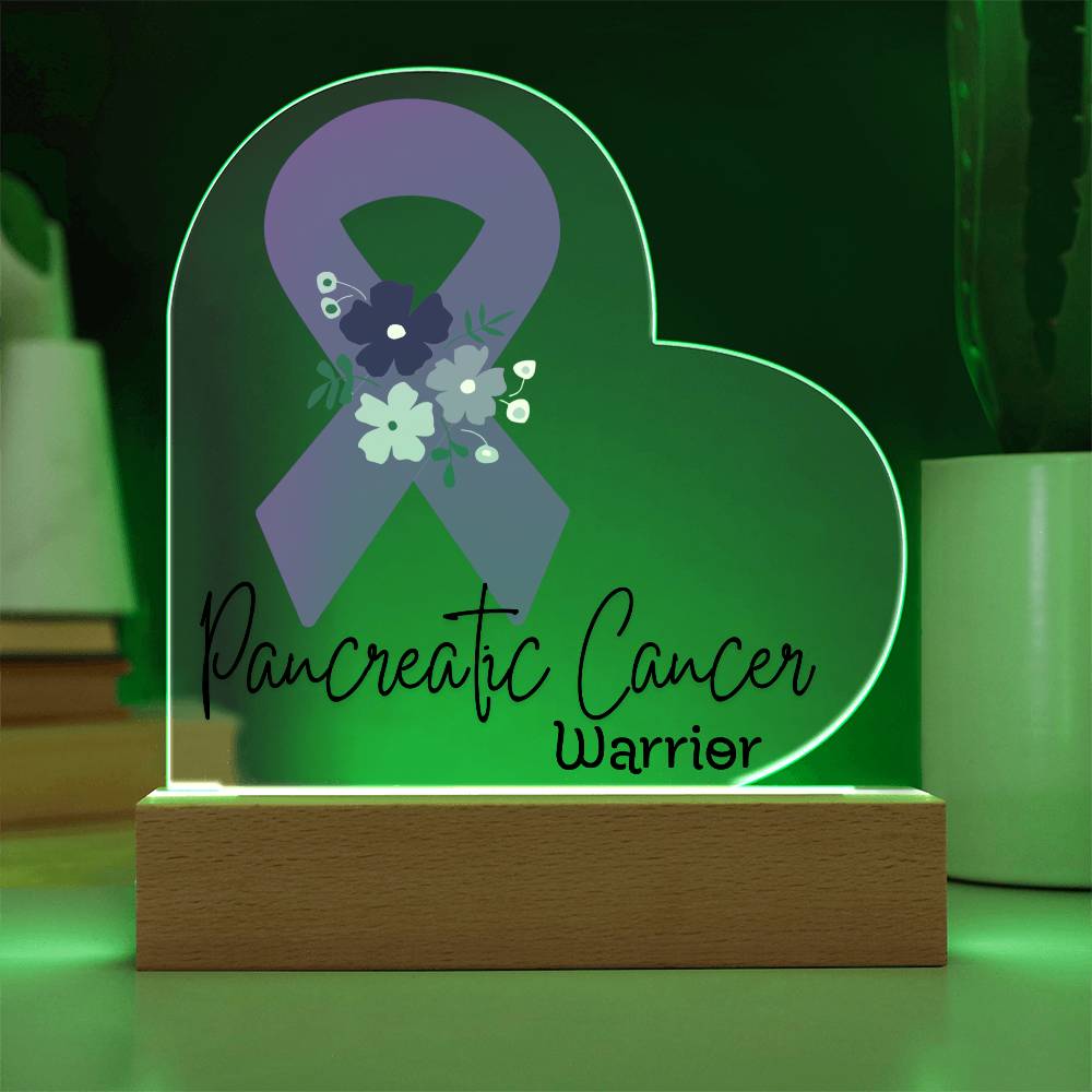 Pancreatic Cancer Warrior Acrylic Heart Plaque Sign | LED Base | Acrylic Night Light | Light Up Sign | Purple Awareness Ribbon
