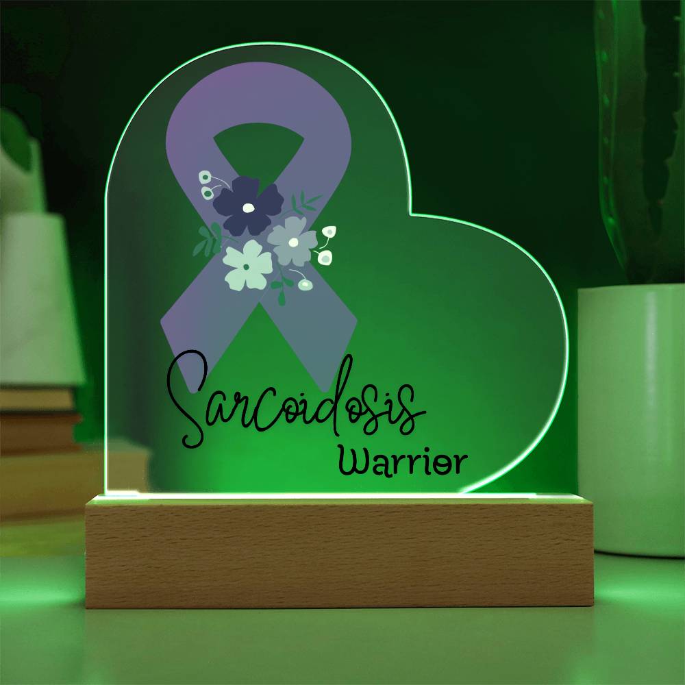 Sarcoidosis Warrior Acrylic Heart Plaque Sign | LED Base | Acrylic Night Light | Light Up Sign | Purple Awareness Ribbon
