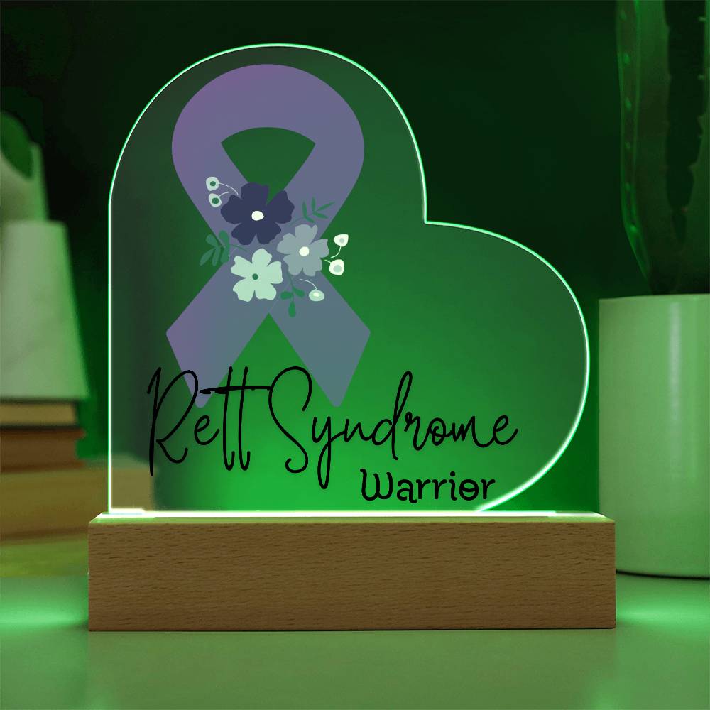 Rett Syndrome Warrior Acrylic Heart Plaque Sign | LED Base | Acrylic Night Light | Light Up Sign | Purple Awareness Ribbon