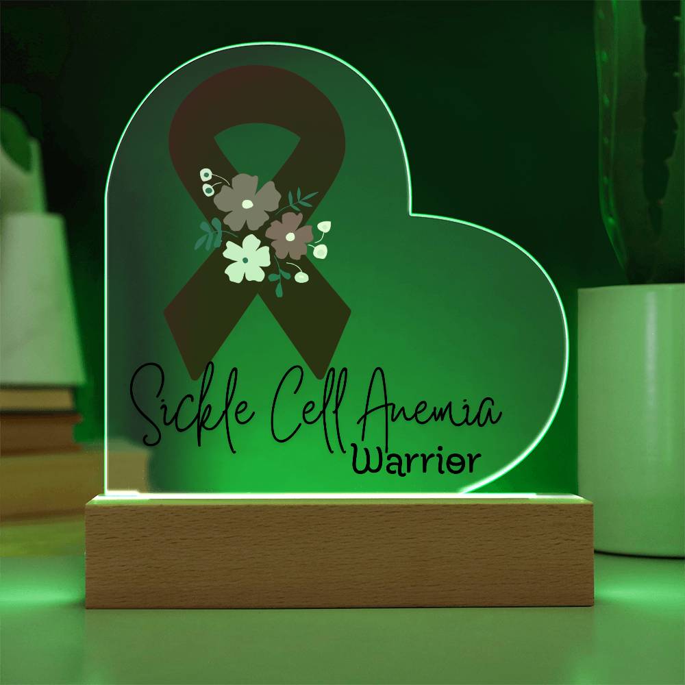 Sickle Cell Anemia Warrior Acrylic Heart Plaque Sign | LED Base | Acrylic Night Light | Light Up Sign | Burgundy Awareness Ribbon
