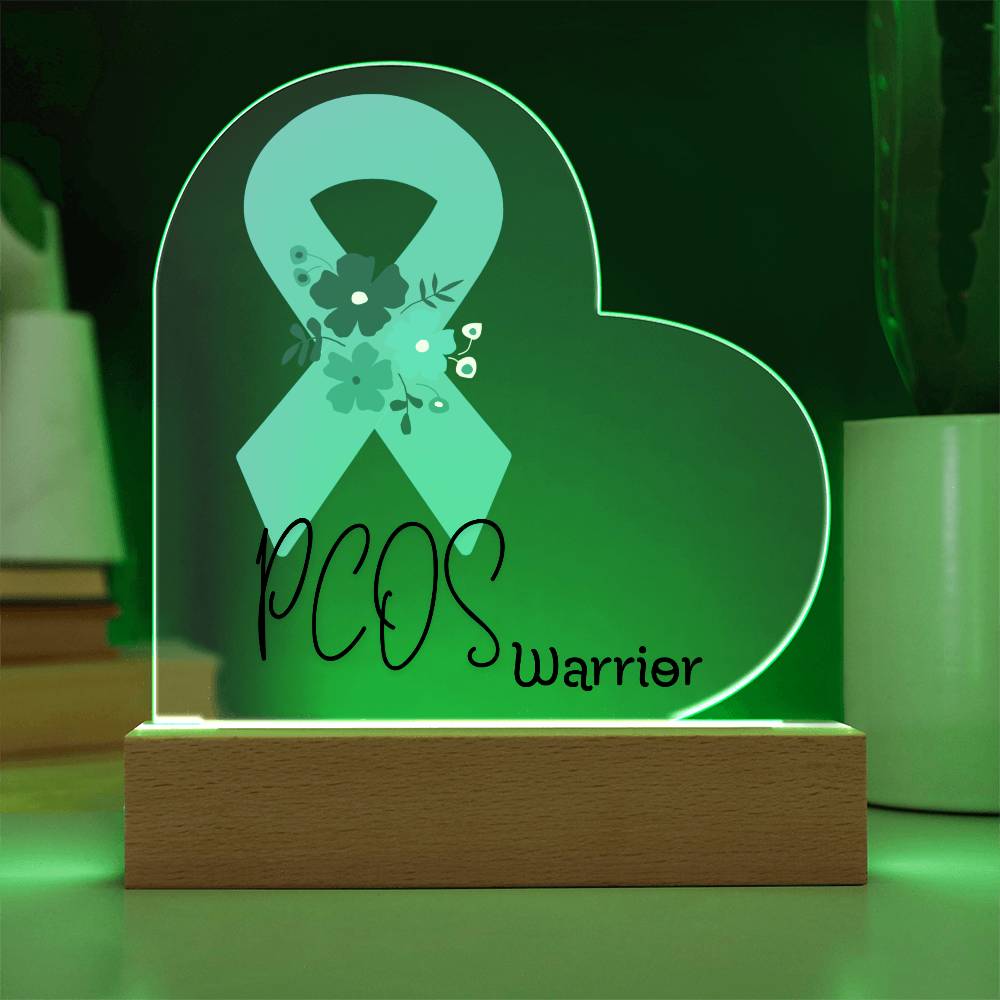 PCOS Warrior Acrylic Heart Plaque Sign | LED Base | Acrylic Night Light | Light Up Sign | Teal Awareness Ribbon