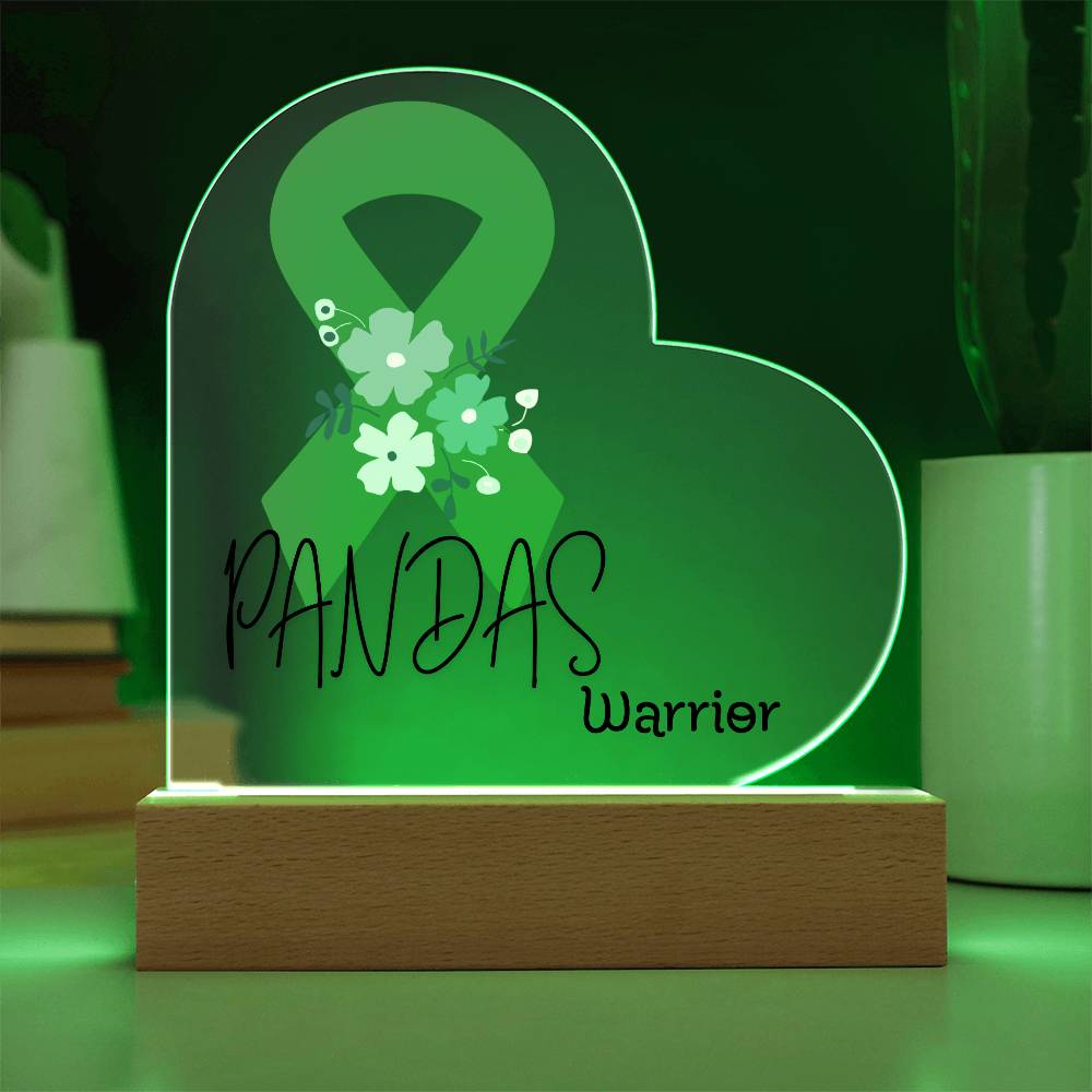 PANDAS Warrior Acrylic Heart Plaque Sign | LED Base | Acrylic Night Light | Light Up Sign | Green Awareness Ribbon