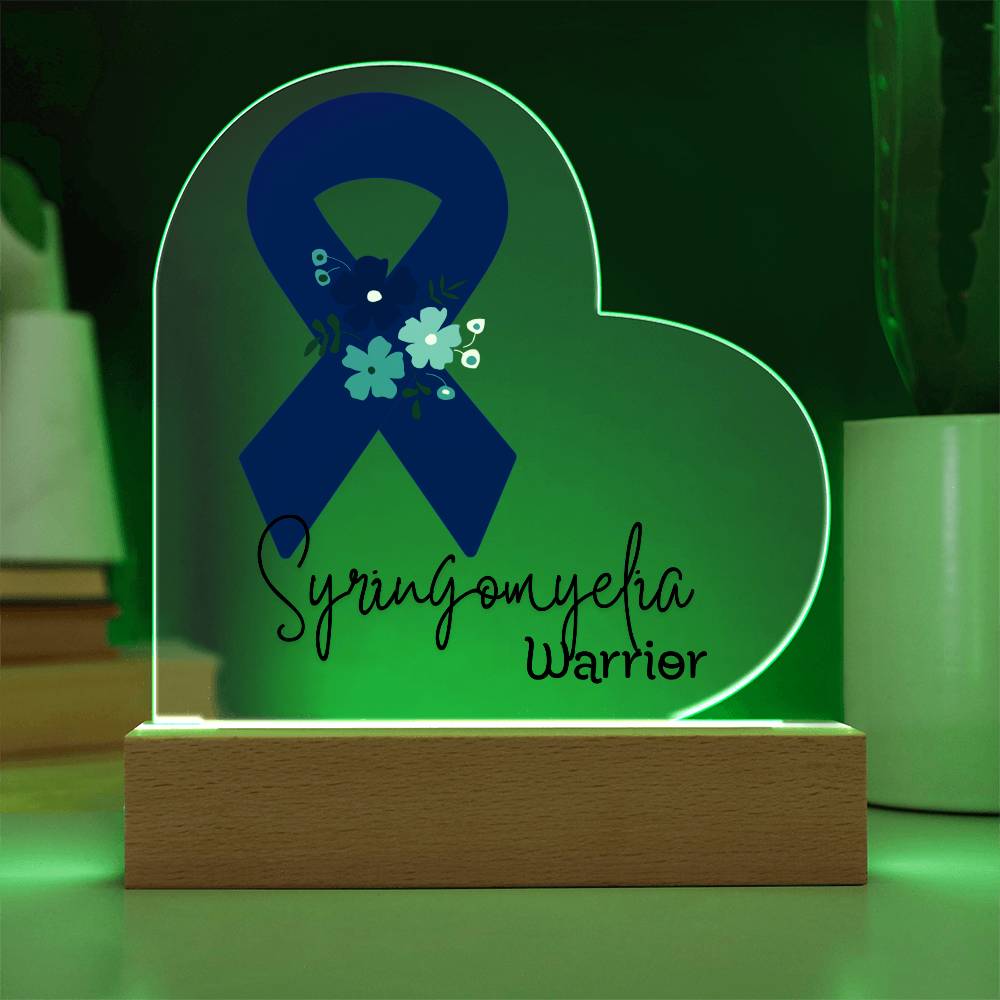 Syringomyelia Warrior Acrylic Heart Plaque Sign | LED Base | Acrylic Night Light | Light Up Sign | Blue Awareness Ribbon