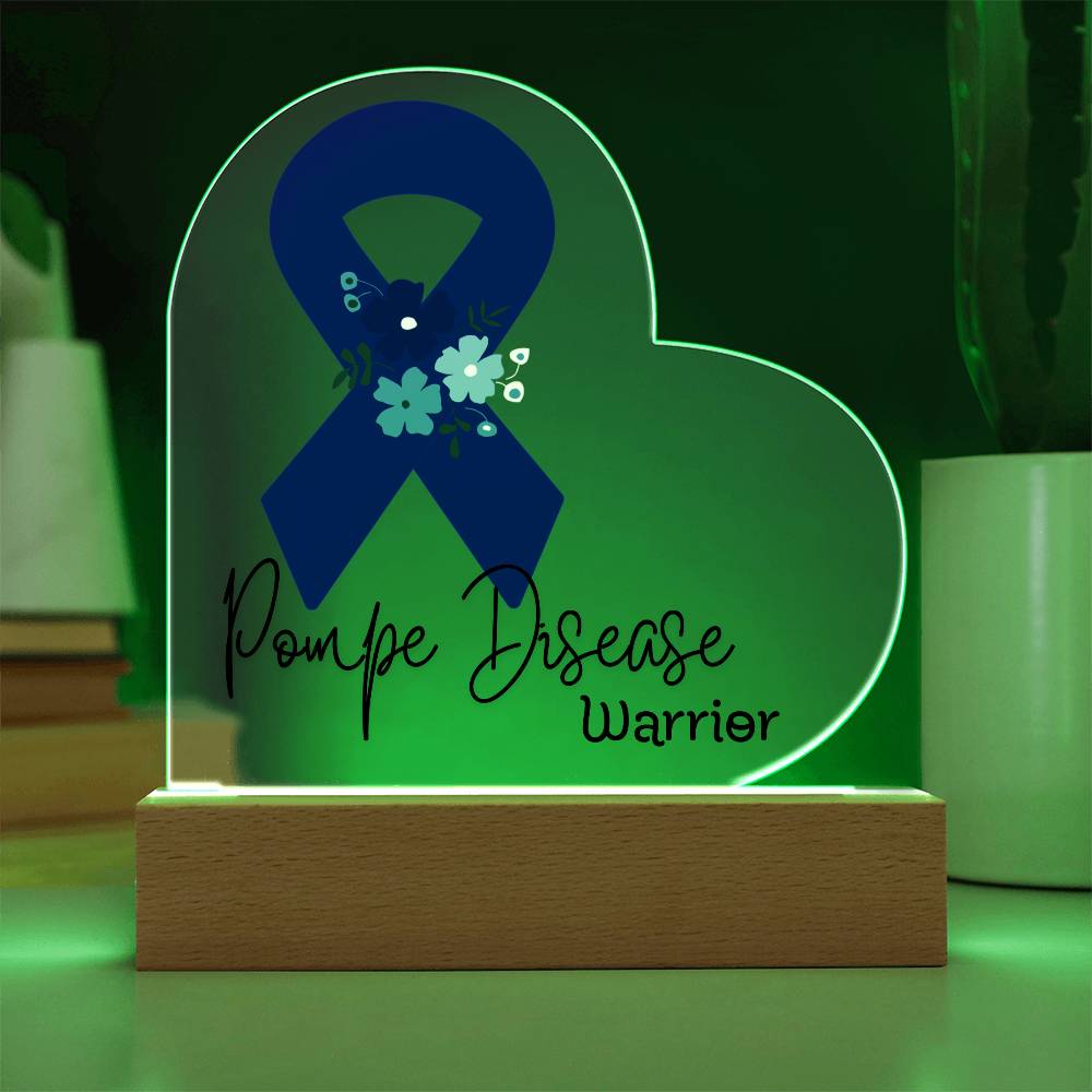 Pompe Disease Warrior Acrylic Heart Plaque Sign | LED Base | Acrylic Night Light | Light Up Sign | Blue Awareness Ribbon