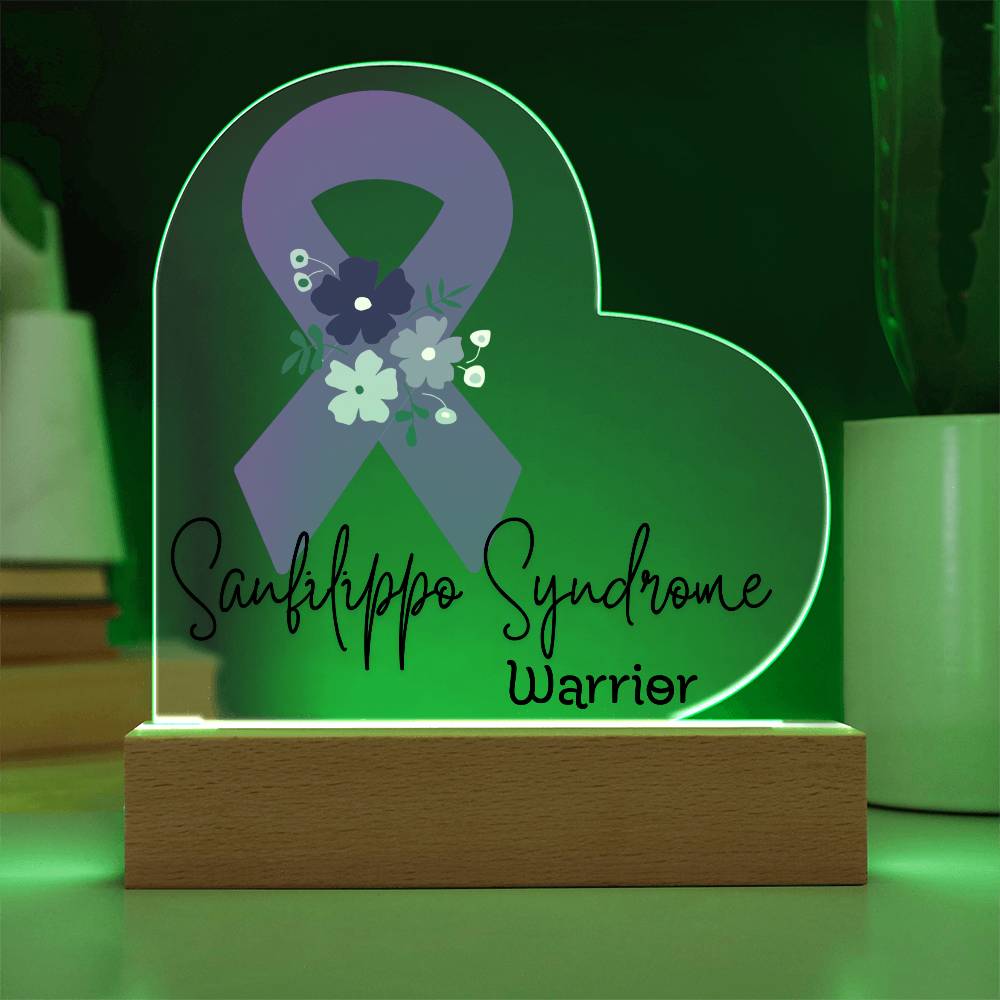 Sanfilippo Syndrome Warrior Acrylic Heart Plaque Sign | LED Base | Acrylic Night Light | Light Up Sign | Purple Awareness Ribbon