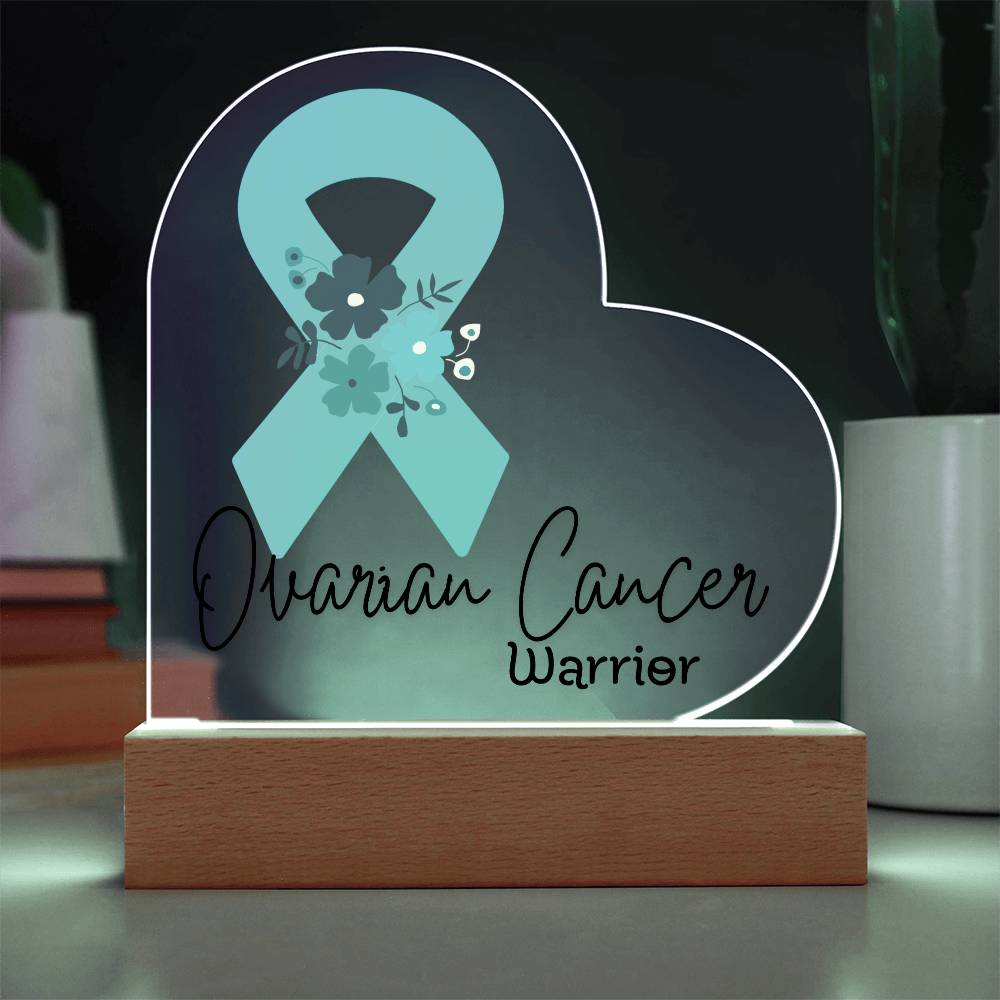Ovarian Cancer Warrior Acrylic Heart Plaque Sign | LED Base | Acrylic Night Light | Light Up Sign | Teal Awareness Ribbon