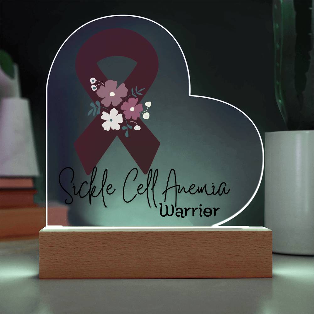 Sickle Cell Anemia Warrior Acrylic Heart Plaque Sign | LED Base | Acrylic Night Light | Light Up Sign | Burgundy Awareness Ribbon