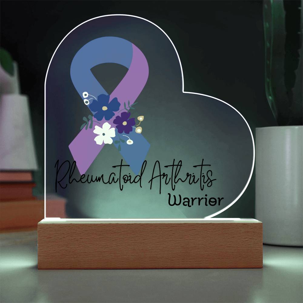 Rheumatoid Arthritis Warrior Acrylic Heart Plaque Sign | LED Base | Acrylic Night Light | Light Up Sign | Blue & Purple Awareness Ribbon