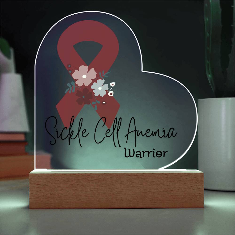 Sickle Cell Anemia Warrior Acrylic Heart Plaque Sign | LED Base | Acrylic Night Light | Light Up Sign | Red Awareness Ribbon